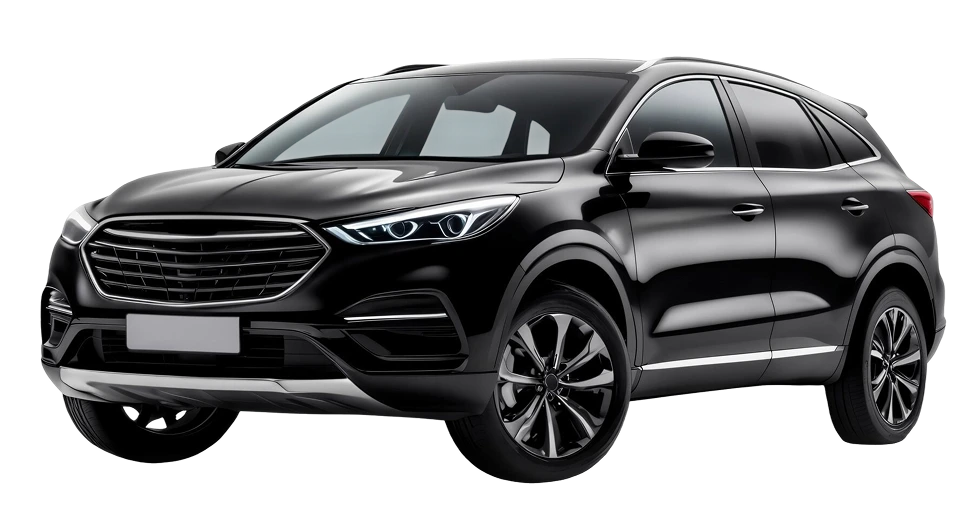 Modern black luxury SUV with sleek LED headlights, chrome grille, and premium alloy wheels, isolated on a transparent background.