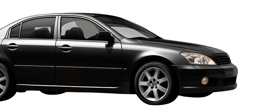 Elegant black sedan with a streamlined body design, alloy wheels, and tinted windows, isolated on a transparent background.