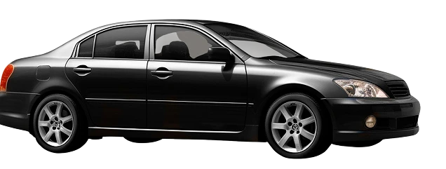 Elegant black sedan with a streamlined body design, alloy wheels, and tinted windows, isolated on a transparent background.
