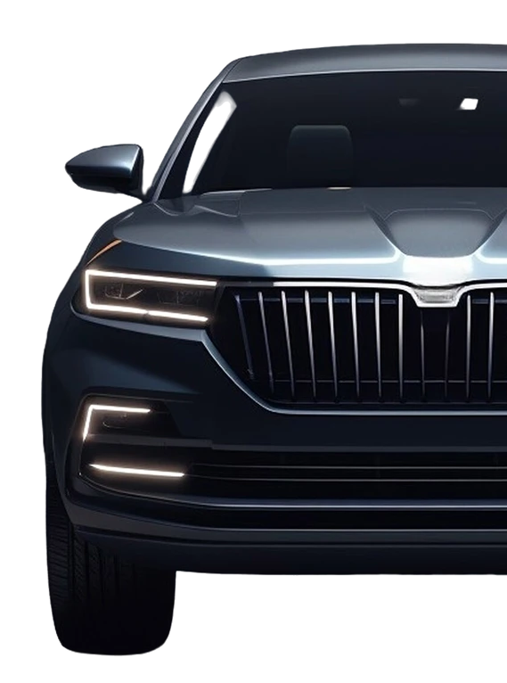 Close-up view of a premium vehicle featuring a stylish front grille, LED headlights, and a sophisticated automotive design.