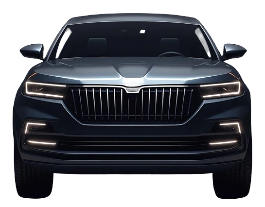 Close-up view of a premium vehicle featuring a stylish front grille, LED headlights, and a sophisticated automotive design.
