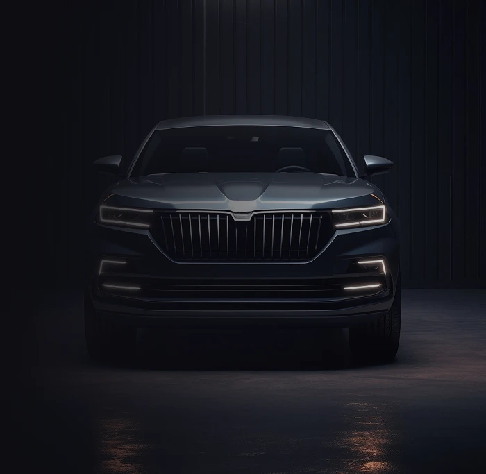 Front view of a modern luxury vehicle with illuminated LED lights, showcased in a dark studio environment with reflective flooring.